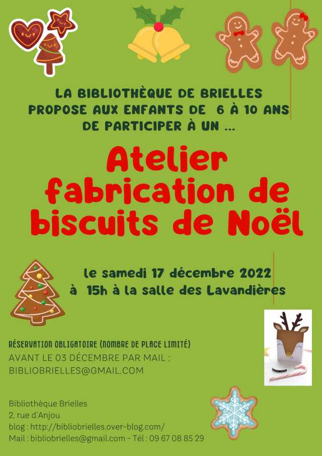 Atelier fabrication de biscuits de Noel le 17 décembre 2022 à 15h à la salle des lavandières